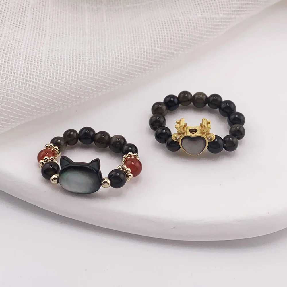 Vintage Natural Black Obsidian Stone Rings for Women Men Red Agates Black Shell Cat Charm Strand Elastic Finger Rings Healing - view 3