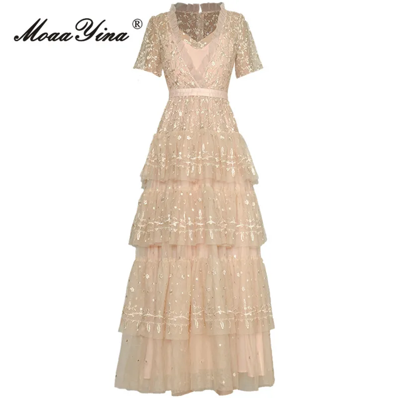 

MoaaYina Summer Fashion Runway Khaki Elegant Party Dress Women Square Collar Embroidery Mesh Ruffles High Waist Slim Long Dress