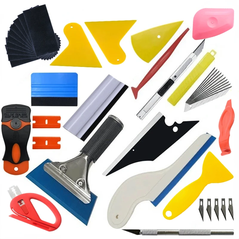 ชุดกล่องเครื่องมือติดฟิล์มสีไวนิลสำหรับรถยนต์แบบใหม่มีดโกนยางแม่เหล็กยึดโทรศัพท์ห่อสติกเกอร์มีดแกะสลักพร้อมใบมีดสำรอง