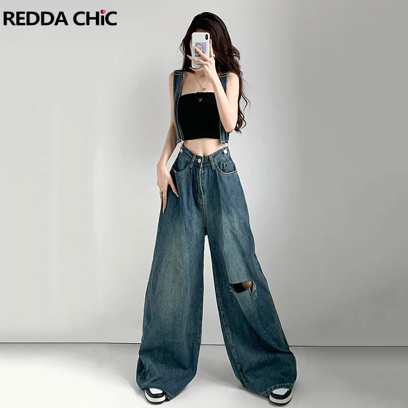 

REDDACHiC Women Destroyed Blue Wide Leg Jumpsuit High Rise Vintage Blue Ripped Hole Wide Leg Casual Denim Overalls Y2k Bib Pants