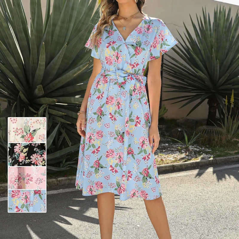 

New Short-sleeved Beach High-waist Printed A-line Dress