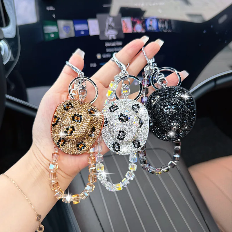 American Retro Heavy Industry Leopard Print Full Diamond mini Western Cowboy Hat Keychain, niche Spicy Girl Handbag Pendant