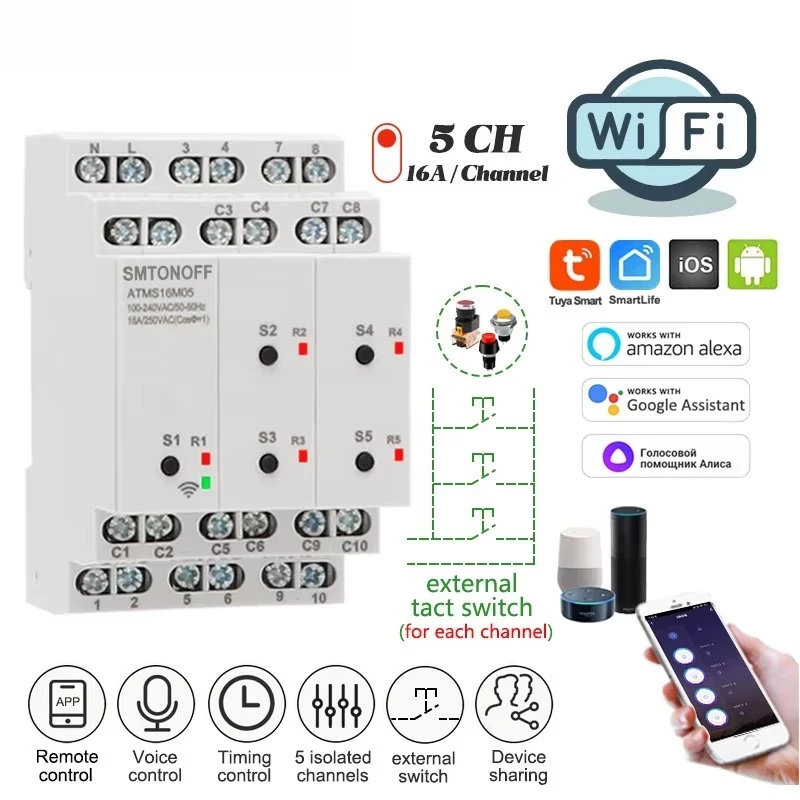 Tuya WIFI 5 Isolated Channels 5 Gang Smart Switch Timer External Remote Control Voice Control App Control