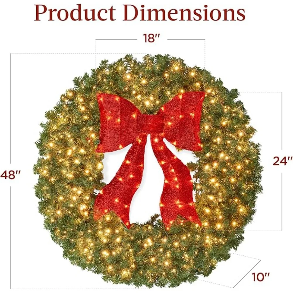 48in Large Artificial Pre-Lit Fir Christmas Wreath Holiday Accent Decoration for Door, Mantel w/Red Lighted Bow, 250 LED Lights