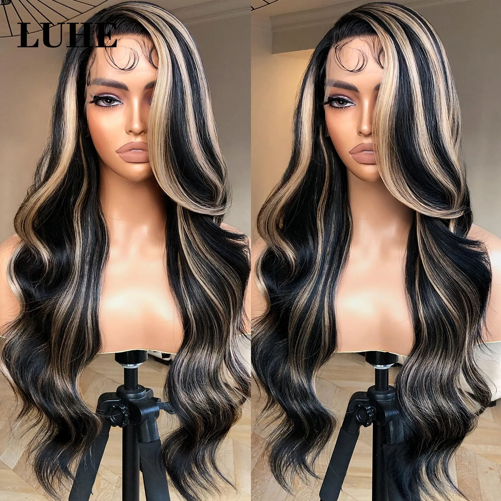 Black Blonde Highlight Colored Body Wave Lace Front Wig 26 Inch Long Wavy Synthetic Hair Lace Frontal Wigs for Women Daily Use