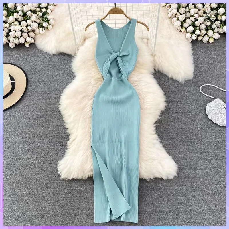 Summer Knitted Women's Long Dress Korean O Neck Sleeveless Kink Hollow Out Sexy Slim Bodycon Dresses Female Split Fork Vestidos