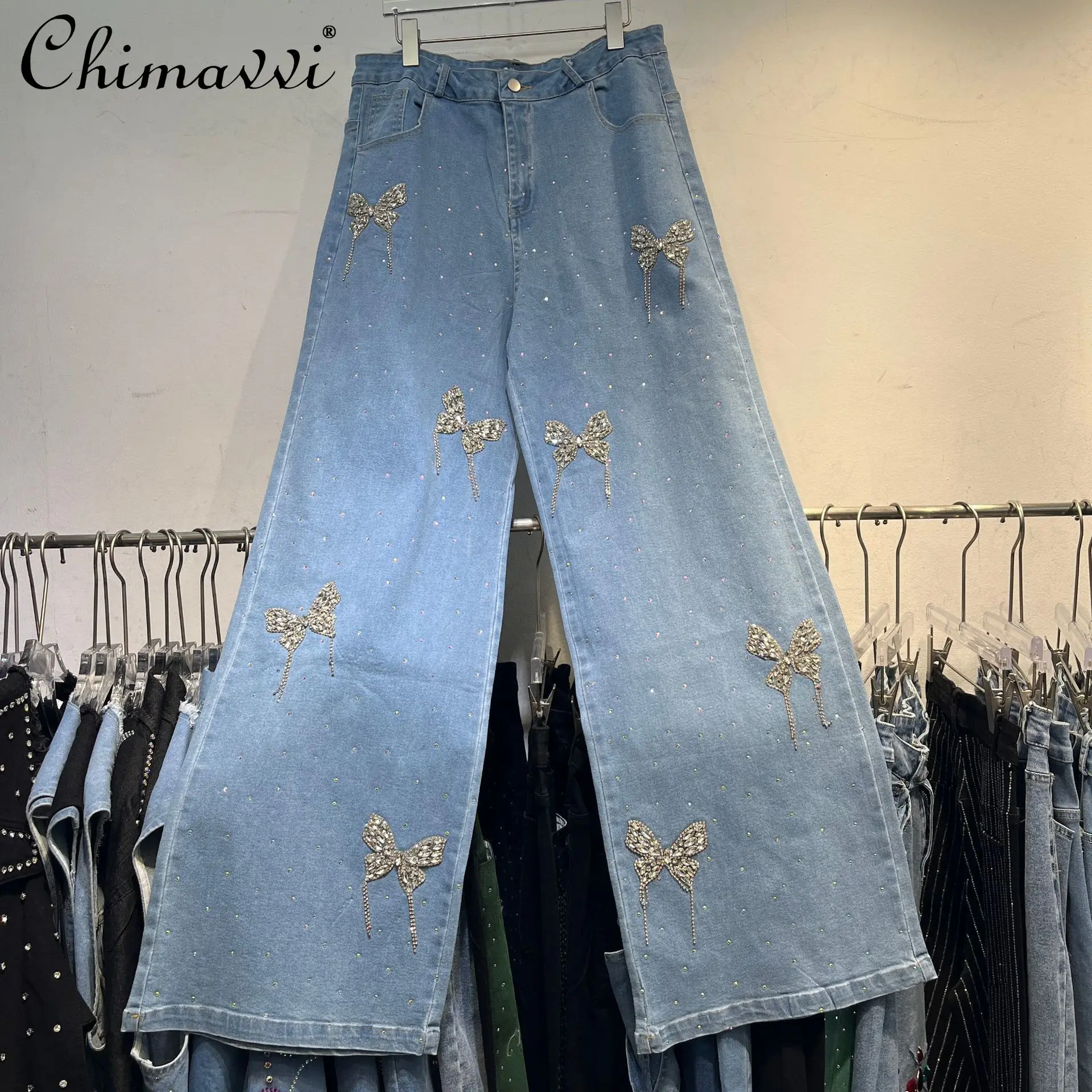 

Fashion Wide-leg Jeans Women's Butterfly Rhinestone Design Straight-leg Pants Autumn High-waisted Loose Sweet Cool Girl Trousers