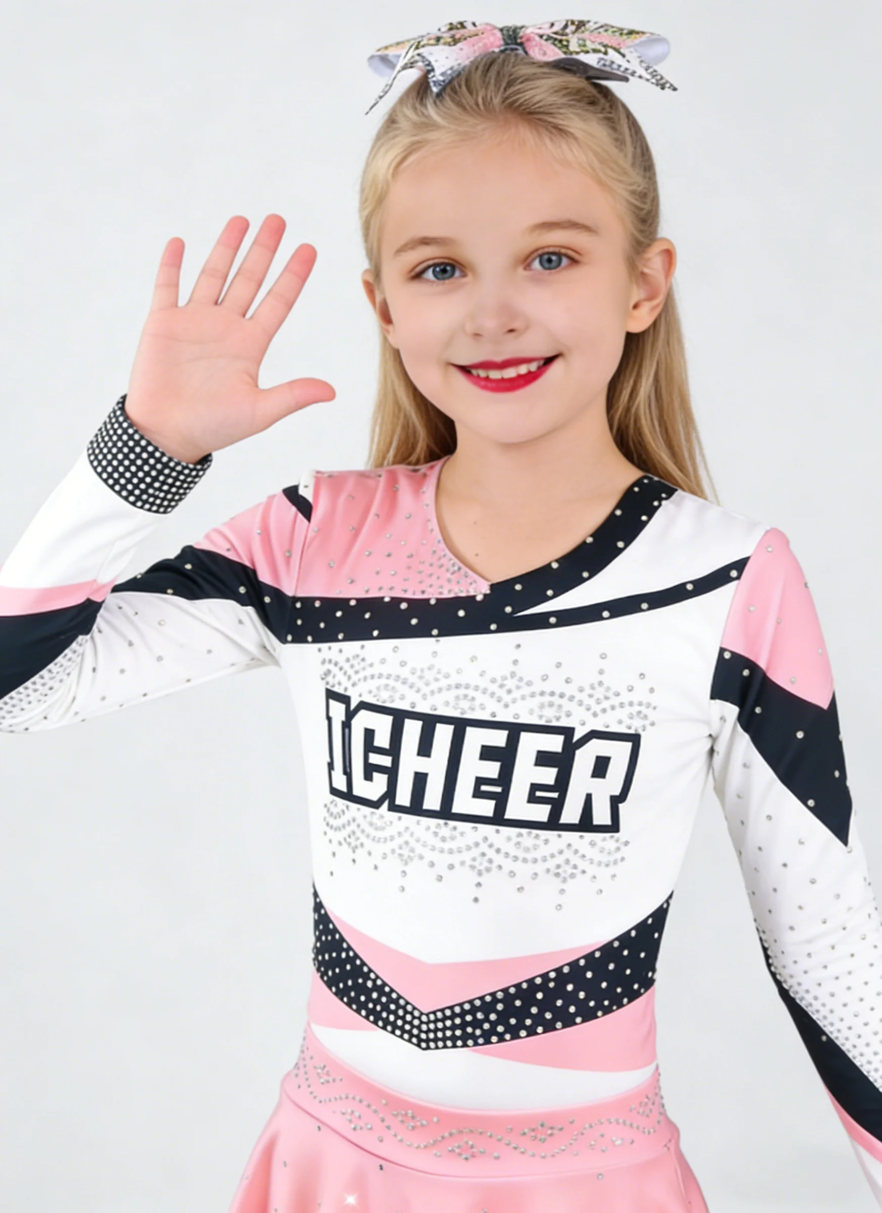 

Блестящая форма для черлидинга для девочек: комплект с длинным рукавом, юбкой с градиентом и стразами, блестящий танцевальный костюм для соревнований