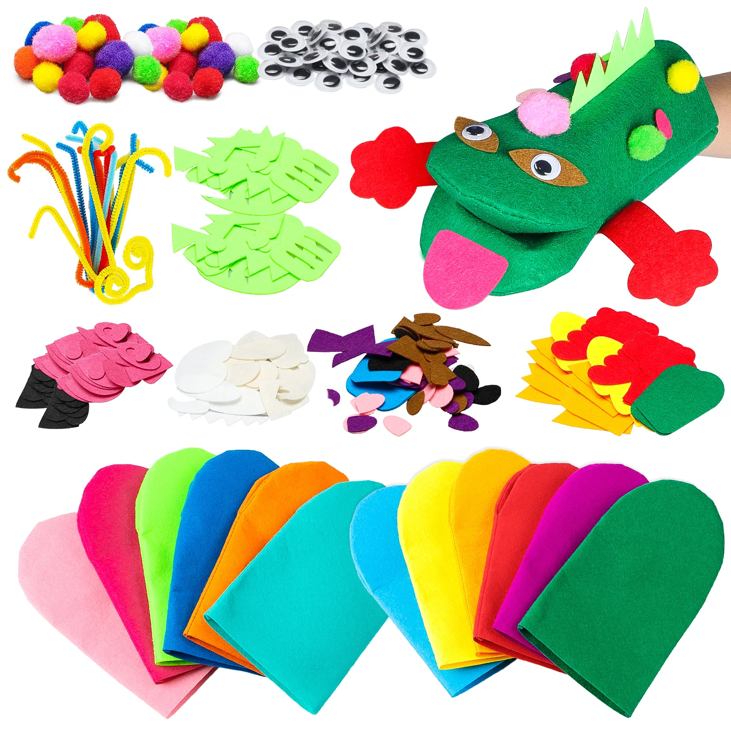 

12PCS Felt Hand Puppet Making Art Craft Kit With Wool Gloves Creative Puppets Pompoms Wiggle Googly Eyes DIY handmade Supplies