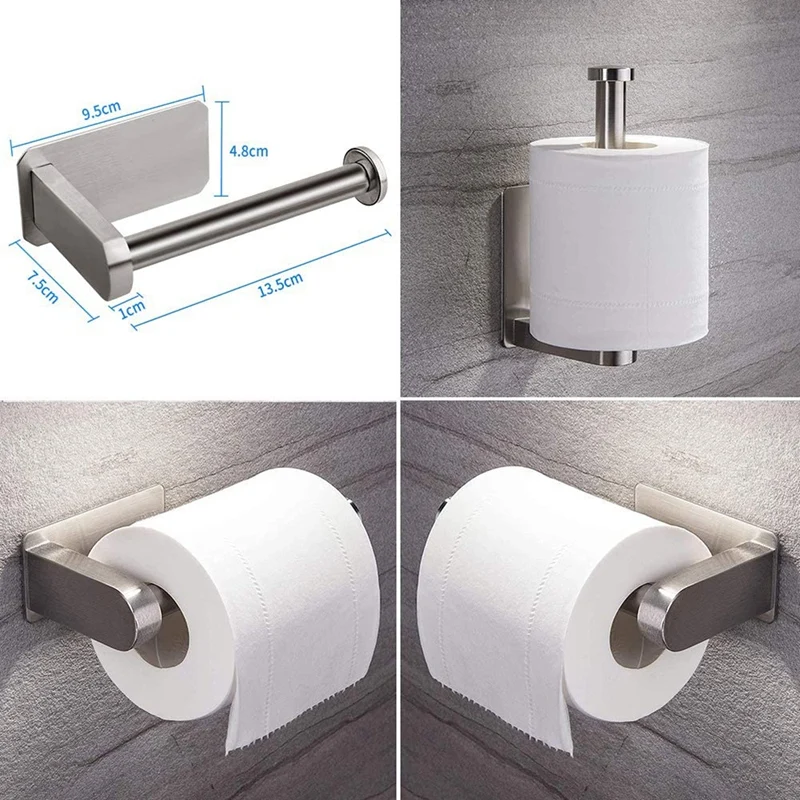 Toilet Paper Holder - Brushed Nickel Adhesive Toilet Paper Holder With 2 Hanging Hooks For Campers, Bathroom, Kitchen