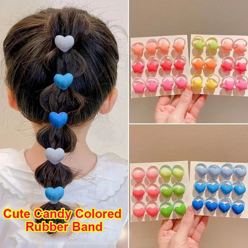 2024 Kids Lovely Candy Colored Heart-shaped Girls Elastic Hair Bands Princess Hair Accessories Children Hair Ties Baby Headwear