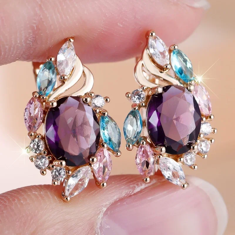 European and American Champagne Gold Egg Shaped Purple Glass Edge Colored Diamond Earrings French Style Retro Versatile Jewelry