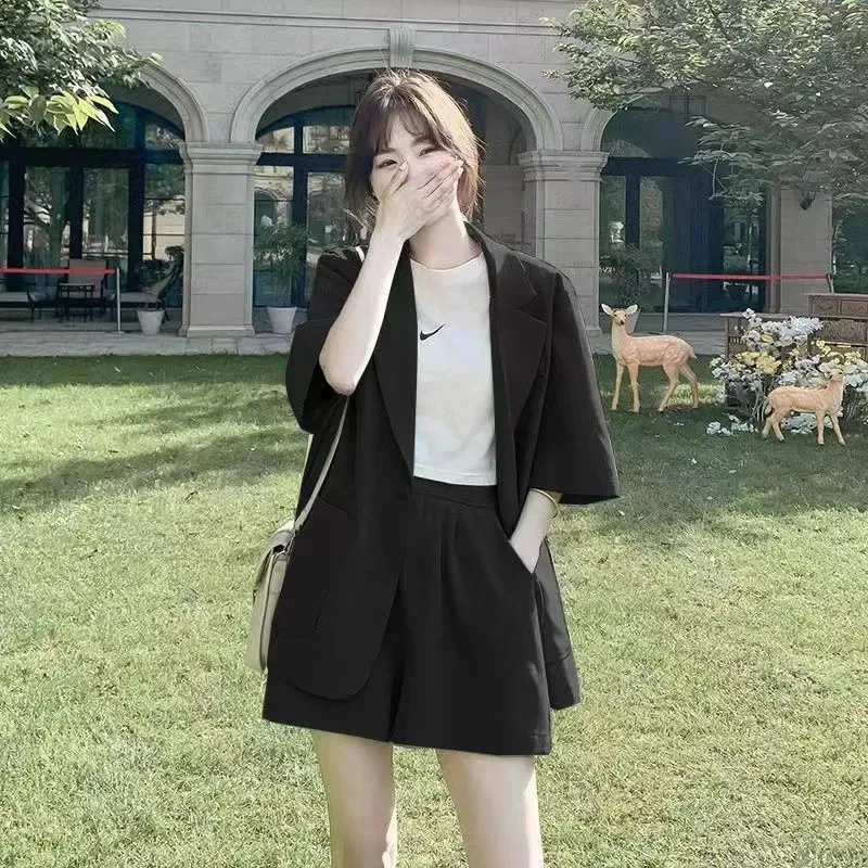 2023 Summer New Korean Version Casual Suit Coat Shorts Two Piece Set Fashion Solid Color Small Suit Set Women's Thin Style