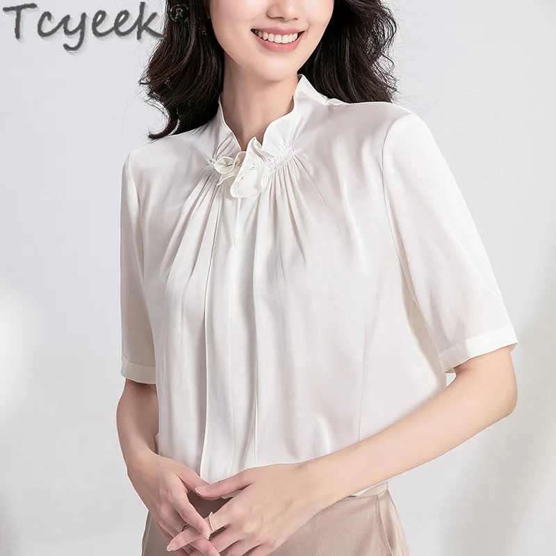 Tcyeek 100% Mulberry Silk T-shirt Summer Clothes Loose Solid Color Blouse Thin Style T-Shirts Women's Elegant Tops Топ Женский