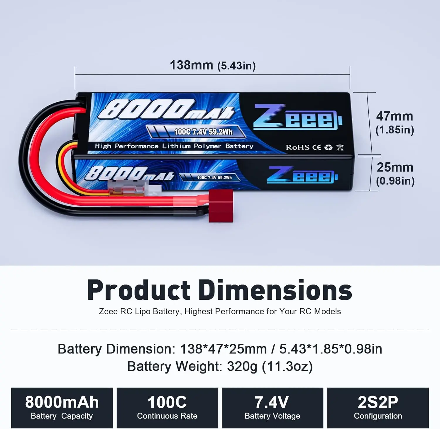 Zeee 2S Lipo Battery 7.4V 100C 8000mAh Hardcase RC Battery Deans Plug for RC Car Tank Truck Boat Helicopter FPV Drones RC Parts