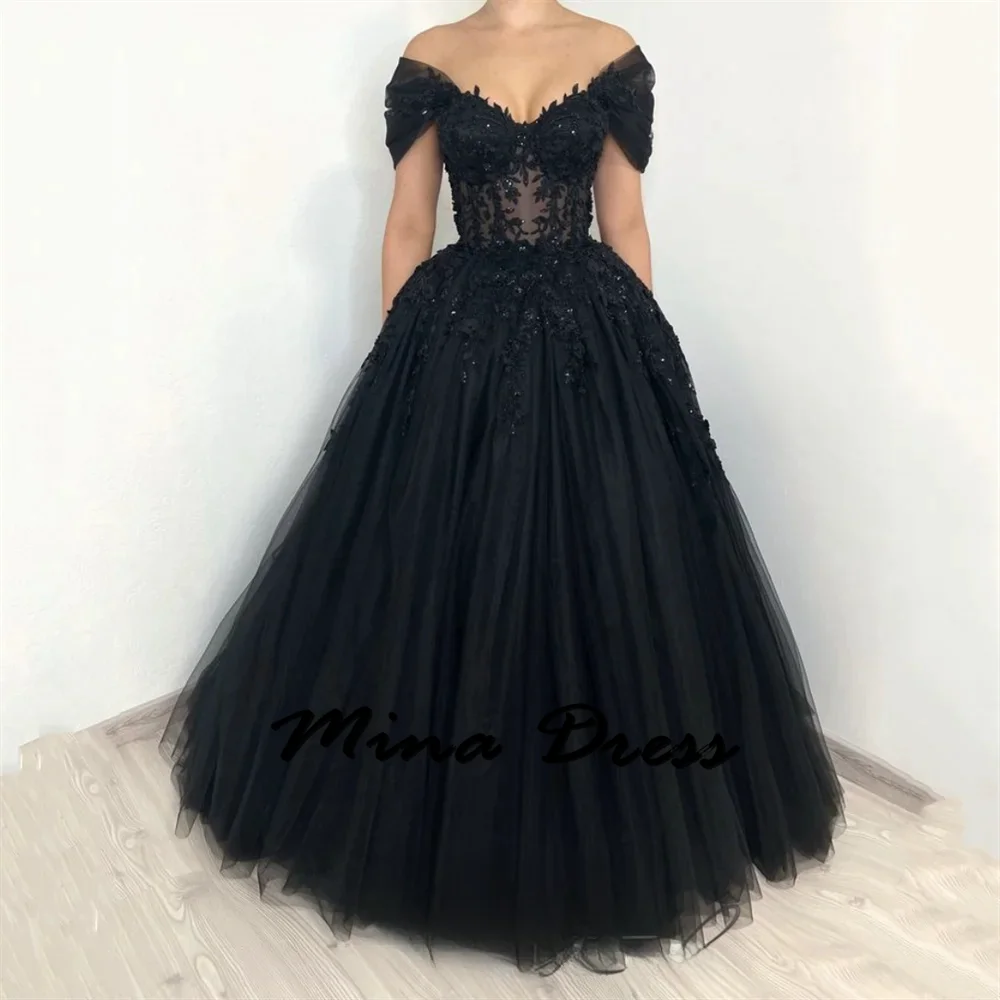 

Mina - Black transparent embroidered lace dance dress, off shoulder V-neck elegant evening dress, sexy