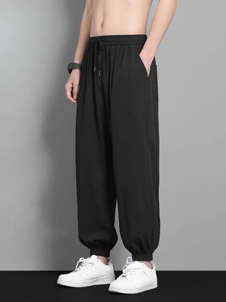 

GELITAYIN Fashion Ice Silk Baggy Men's Casual Pants Male Summer Thin Cropped Trousers Korean Style New In Streetwear Vintage Sla