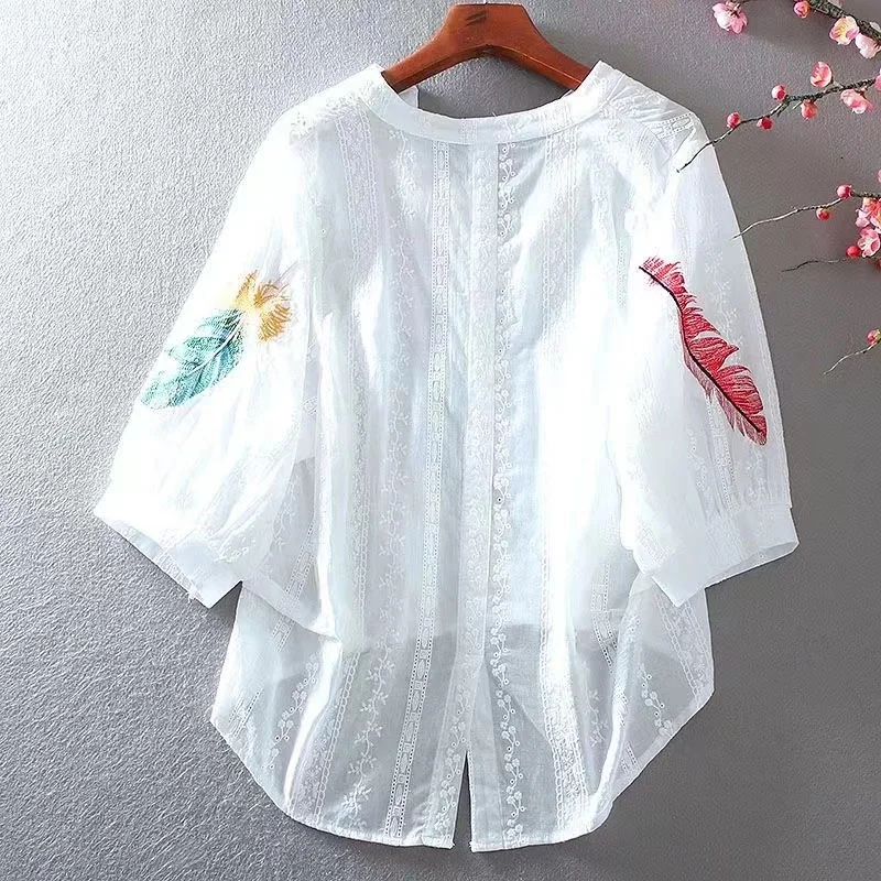 Bohemian White Cotton Lace Blouses Women Ethnic V-neck Feather Embroidery Shirt Temperament Female Thin Shirt