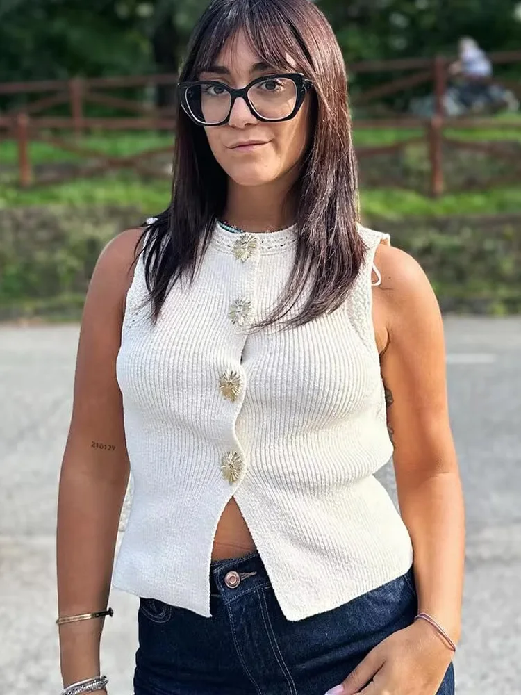 

HH Women Autumn Fashion Versatile Solid Crew Neck Knitted Vest Female Simple Gold Buttons Causal Slim Sleeveless Top Mujer