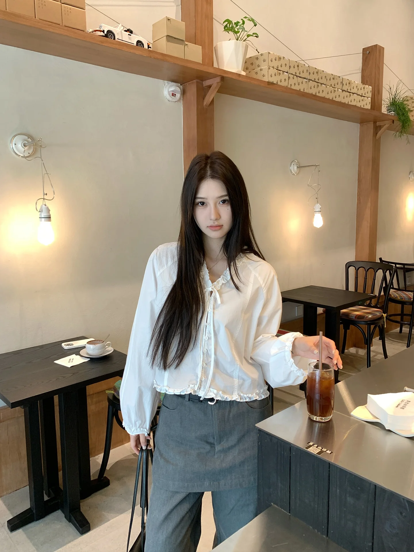

Pure Cotton Button-Up Short Sleeveless V-Neck Casual Shirt Women's Spring White Wood Grain Splice Breathable Comfortable