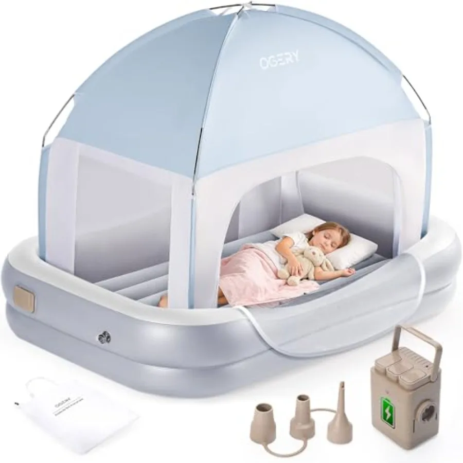 

Inflatable Toddler Travel Bed with Tent Cordless Rechargeable Electric Pump Portable Air Mattress with 4-Sided Safety Bumpers f