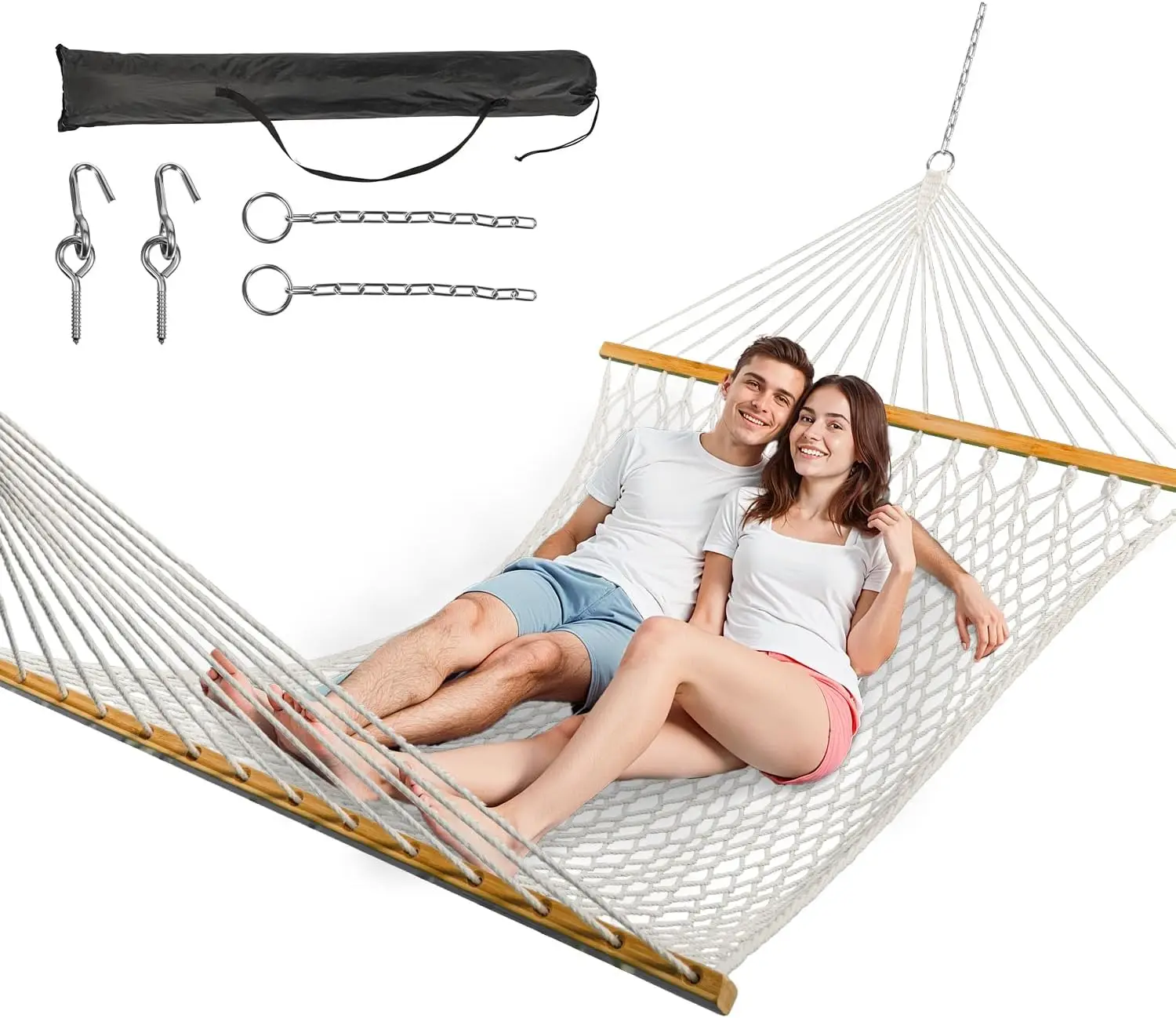 

Double Rope Hammock for Two with Spreader Bar - Indoor Outdoor Use, White