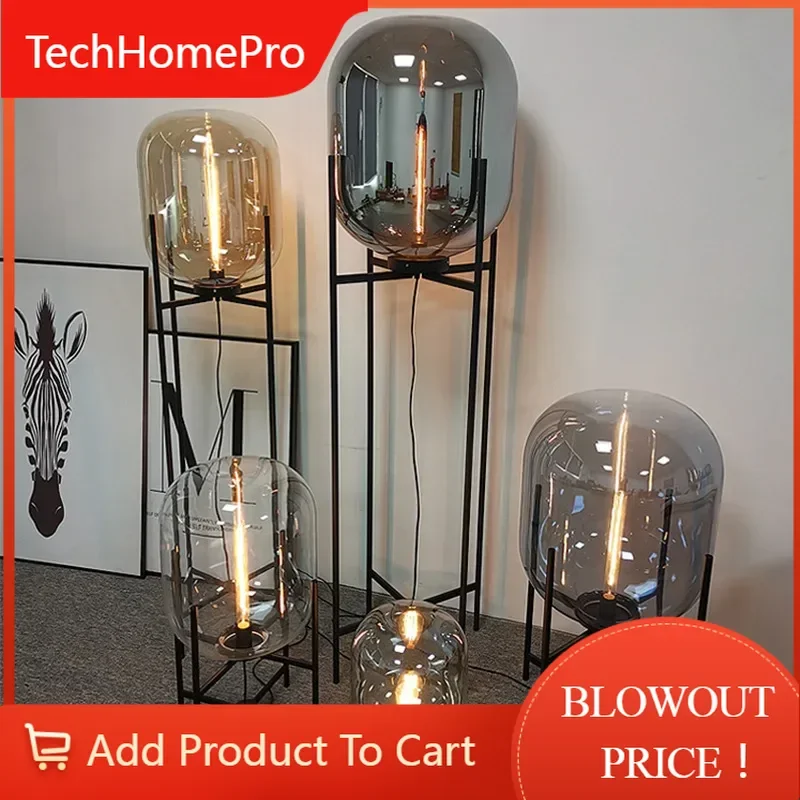 TechHPPost-modern Nordic Industrial Floor Lamp Smoky Grey Glass Tripod Stand Light For Living Room