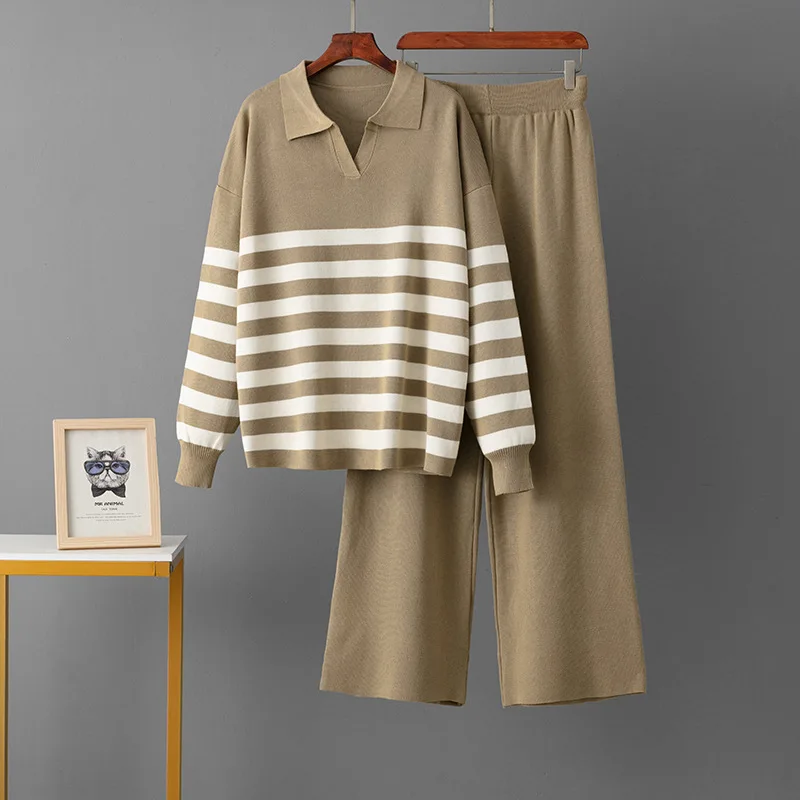 

Casual Loose striped long sleeve Pullover+elastic waist long pants 2-piece set winter Women's Set Polo collar Solid Fashion Suit