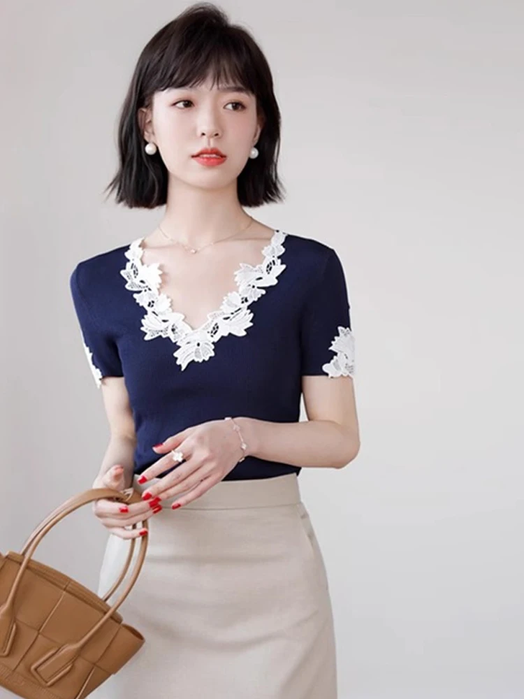 Ele Lace Trim Slim Fit Base irt Summer ort Sve Korean Sle Overhead Commute Gestrickte Casual Damen Top