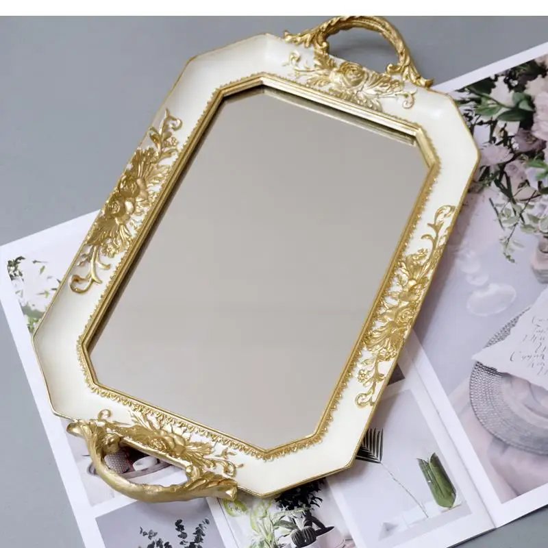 

French Style Binaural Storage Tray Retro Mirror Carved Resin Decorative Cake Stand Dessert Table Wedding Arrangement