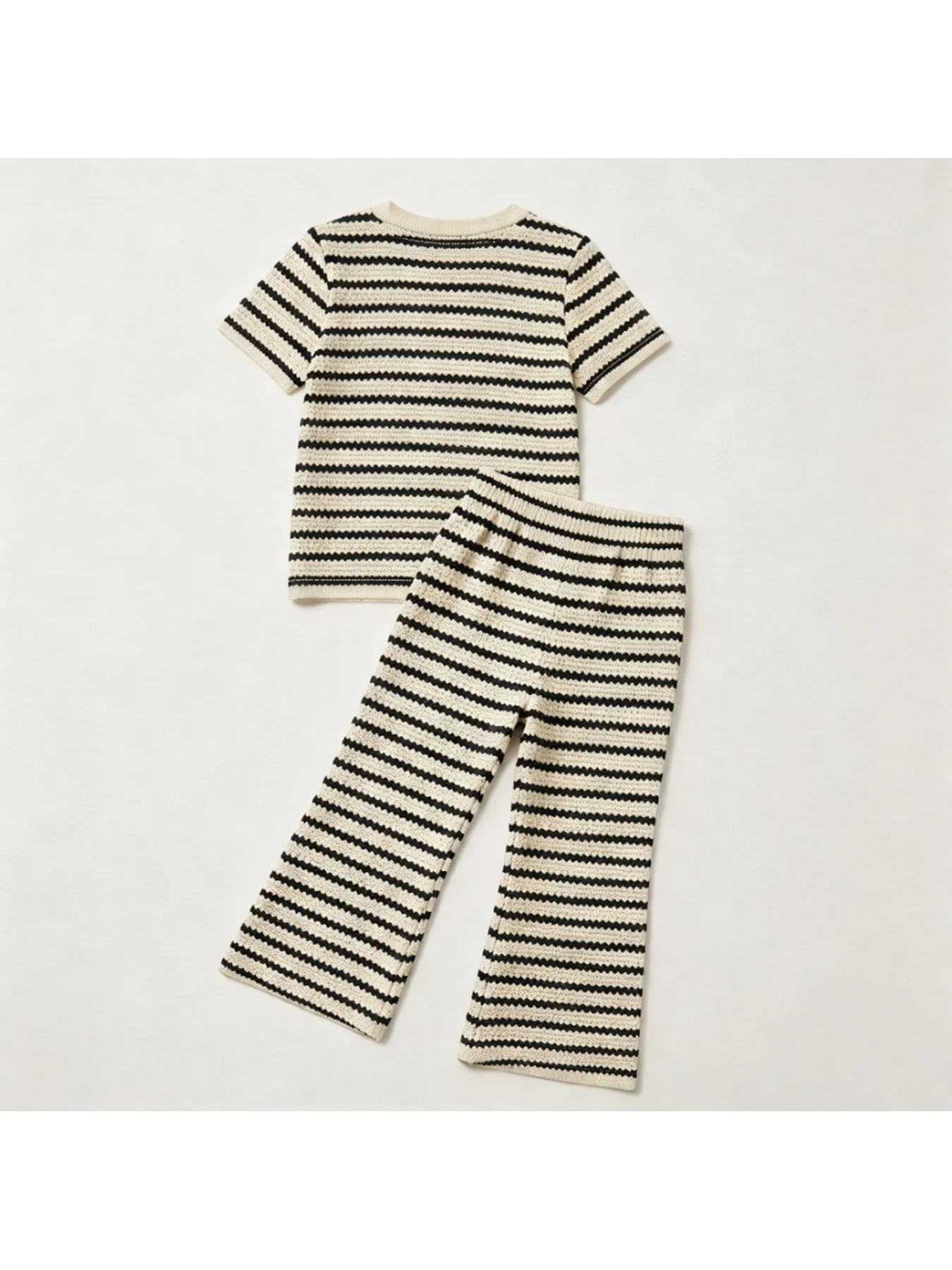 Children's Casual Elegant Striped round Neck Short Sleeve T-Shirt Top with Elastic Waist Strap Pants Clothing Set
