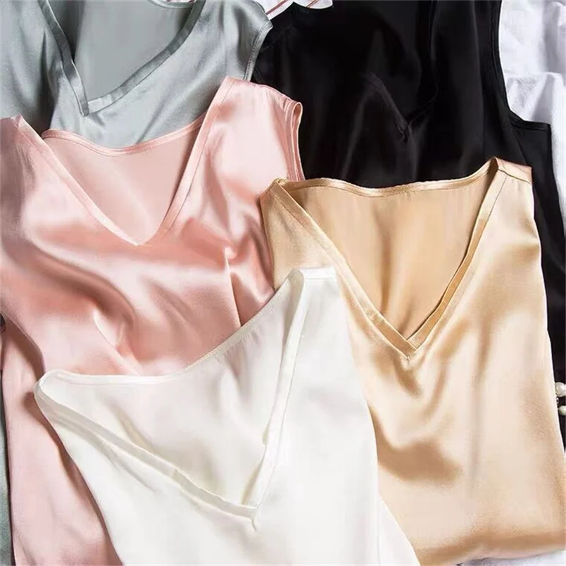 

Hot sale Satin tank Women Summer V-Neck Simple Sleeveless ice silk Shirt Slim Fit Casual Bottoming Vest plus size Clothing