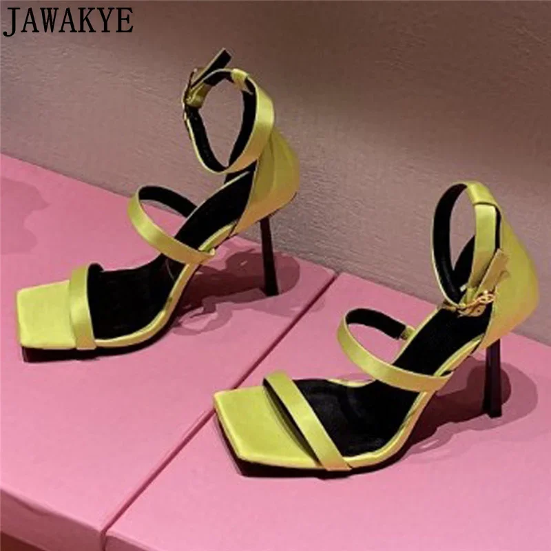 

Women Strappy Sandals Square Toe High Heel Party Shoes Satin Silk Yellow White Bridal Sandals Wedding Shoes feminino shoes