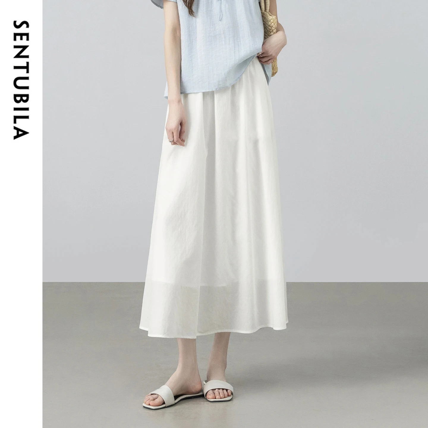 

Женская минималистичная универсальная белая юбка миди SENTUBILA, новинка лета 2026, повседневная, с эластичной талией, А-силуэт, длинная юбка 162QA4630