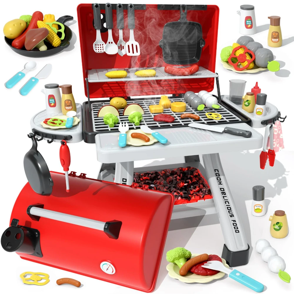 WizKidz Toy BBQ Grill Set For Kids Outdoor Pretend Play Cooking Barbecue Interactive Playset For Boys Girls Kitchen Accessories