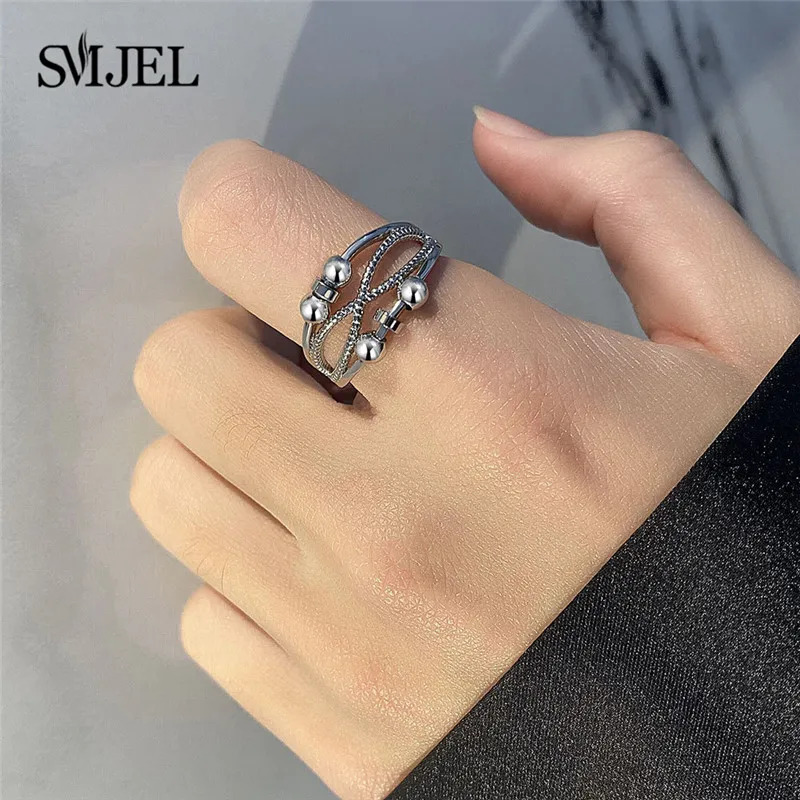 Punk Beads Anxiety Fidget Rings Adjustable for Couples Silver Color Metal Balls Anti Stress Spinner Ring Anillos De Ansiedad