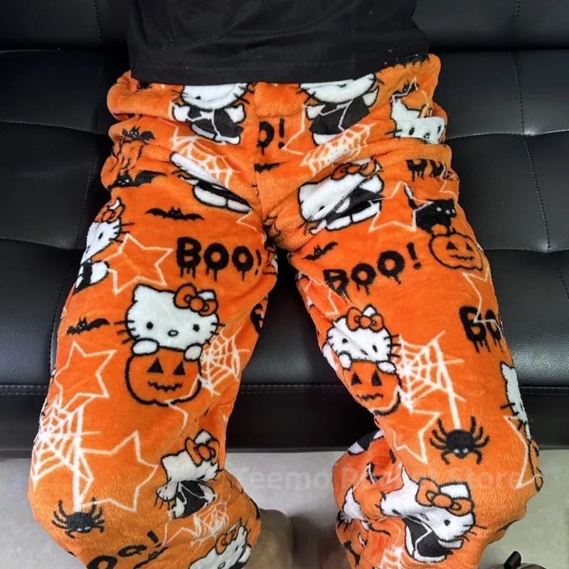 Sanrio Halloween Pajama Pants Anime Figure Hello Kitty Fleece Double Elastic Fabric Soft Women Trousers Christmas Gifts