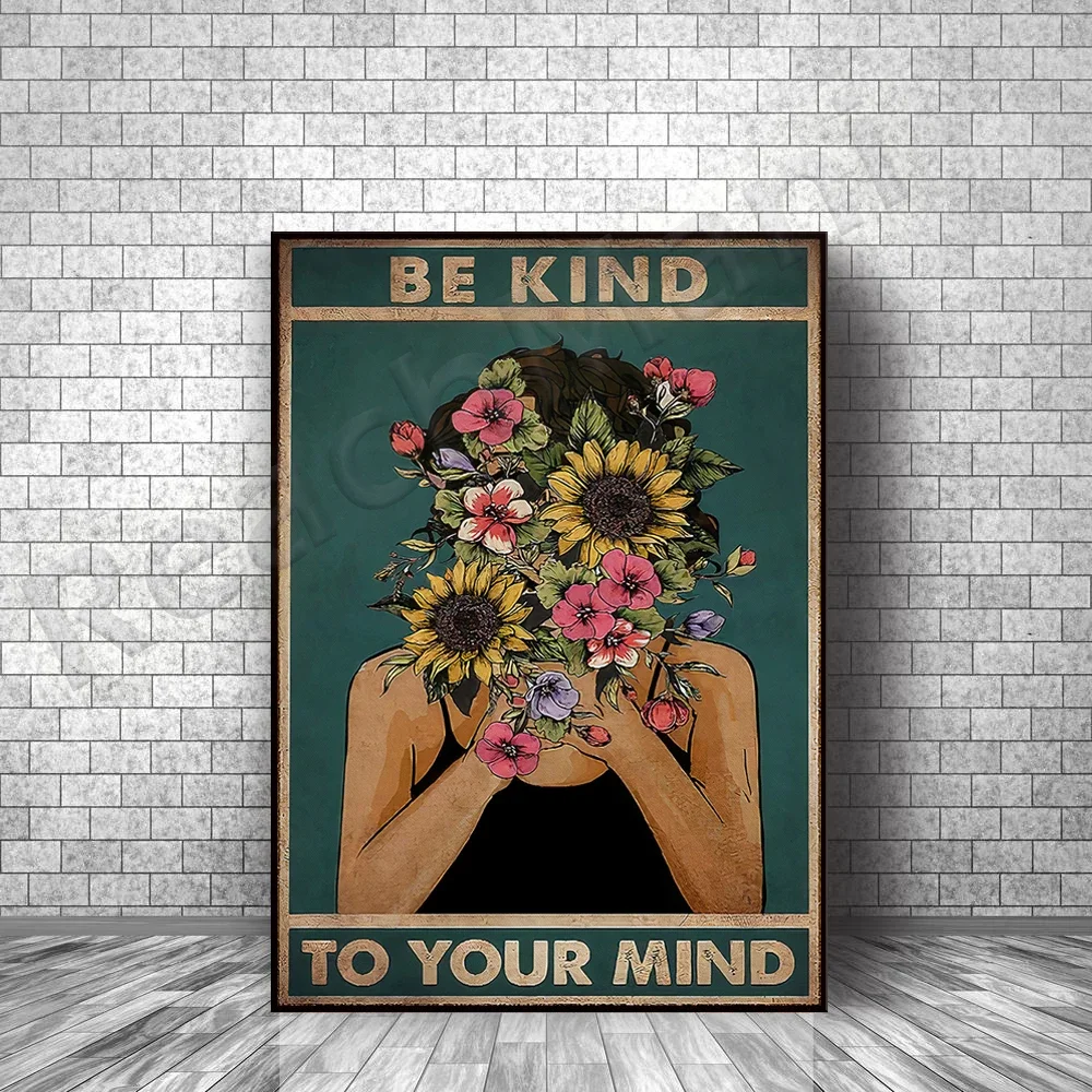 

Be kind to your soul, inspirational wall art, flower head canvas print, mental health poster, inspirational retro poster