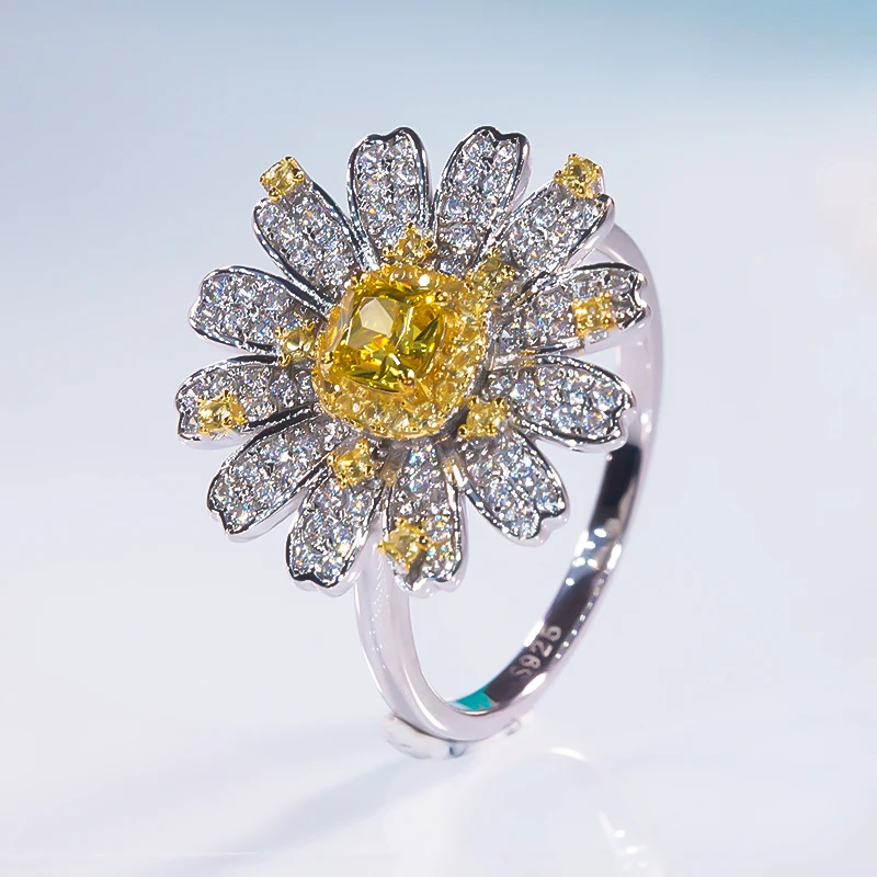 

QINHUAN Topaz Flower Ring 100% Real S925 Sterling Silver Elegant Yellow Diamond Bridal Rings Promise Wedding Party Fine Jewelry