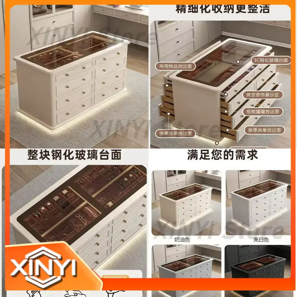 Cream-colored French luxury style double-sided display cabinet for home use jewelry storage chest island cabinet for walk-in