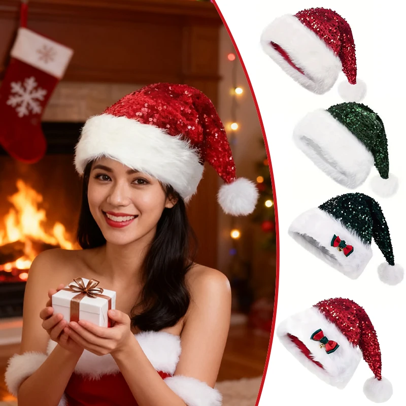 

Double Layer Christmas Hat with Bow Bell Red Sequin Rhinestone Decoration Thickened Plush Warm Cap for Xmas New Year Parties