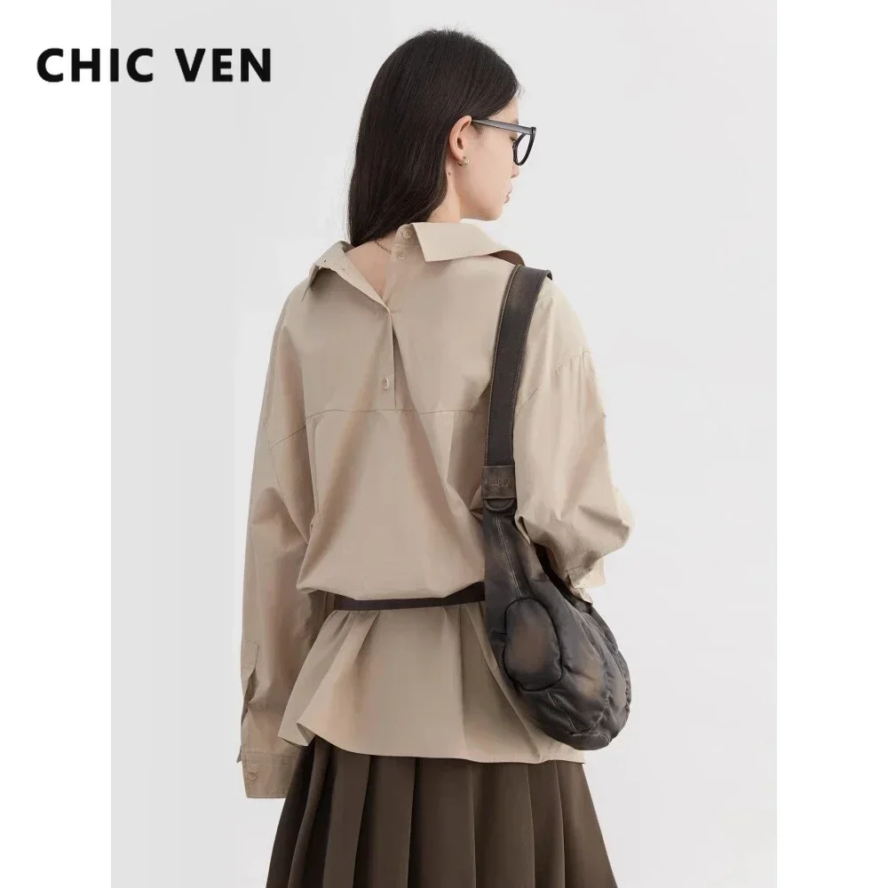 CHIC VEN Women Shirt New Style Cotton Design Shoulder Pad Long Sleeved Blouses Mid Length Shirts Spring Autumn 2024