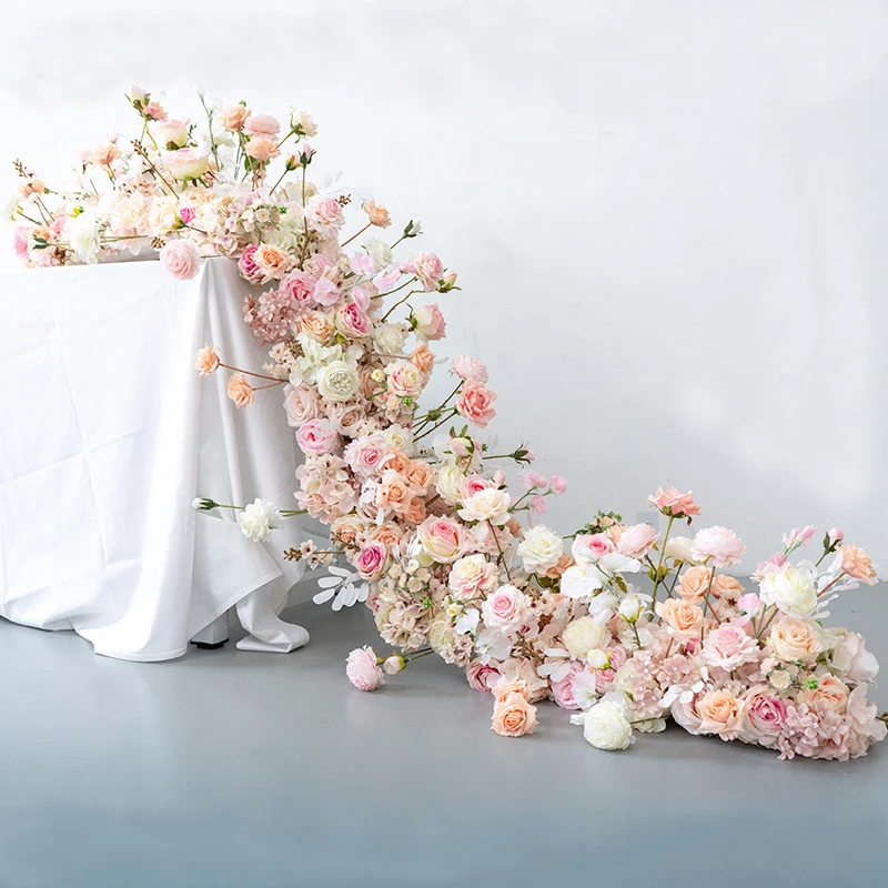 

230cm Luxury Table Runner Pink White Flower Row for Wedding Party Event Background Home Decor Artificial Floral Hotel Decoration