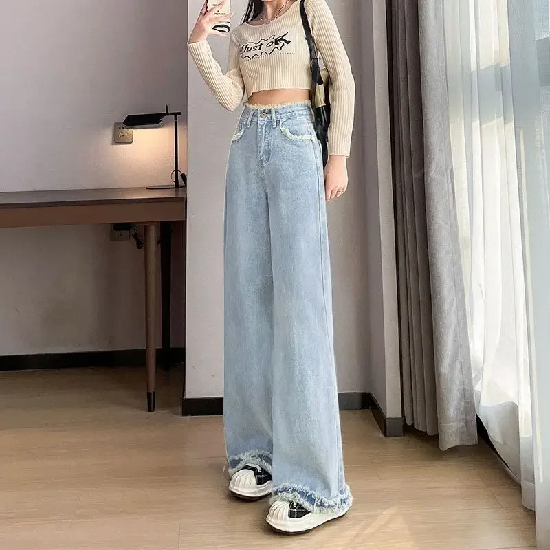Pantaloni in denim a gamba larga Jeans dritti da donna Tasche lavate invecchiate a vita alta Pantaloni lunghi fino al pavimento vintage 2025 Streetwear