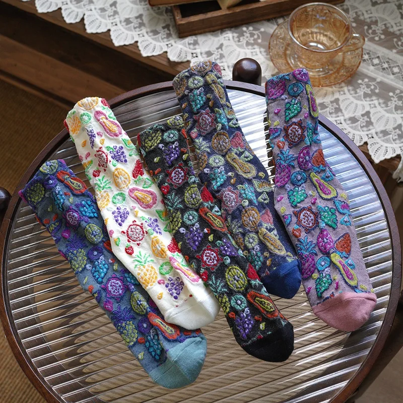 5pairs Retro 3D Flower Women Socks Fashion Girl's Mid Tube Socks Autumn Winter Korean Version Forest Style Japanese SocK Set