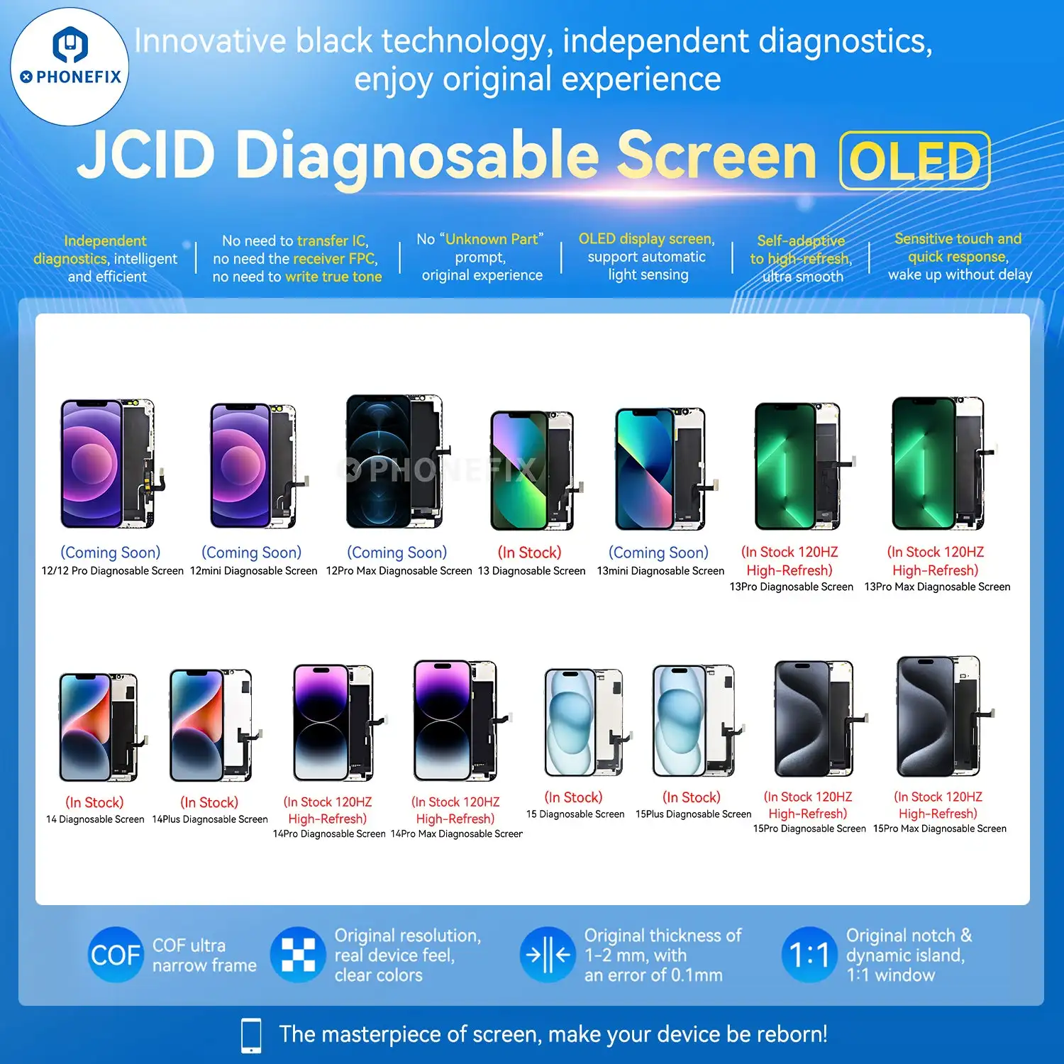 JCID OLED Screen Diagnosable Assembly for iPhone 13 14 15 Pro Max Touch Display Digitizer Assembly Without IC Removal No Pop Up