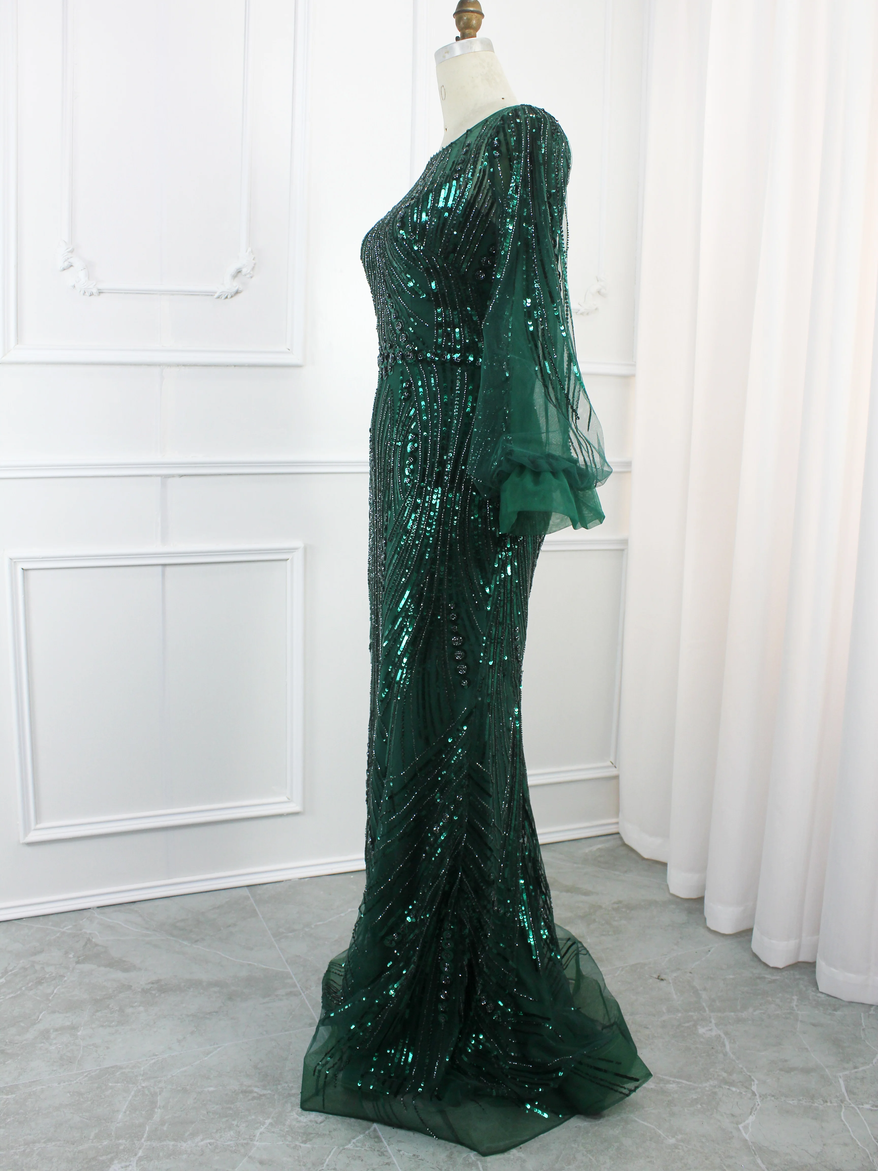 Hot Sale Dubai Green O-Neck Evening Dresses Luxury Beaded Formal Mermaid Gowns 2024 For Women Party With Beautiful Sleeves