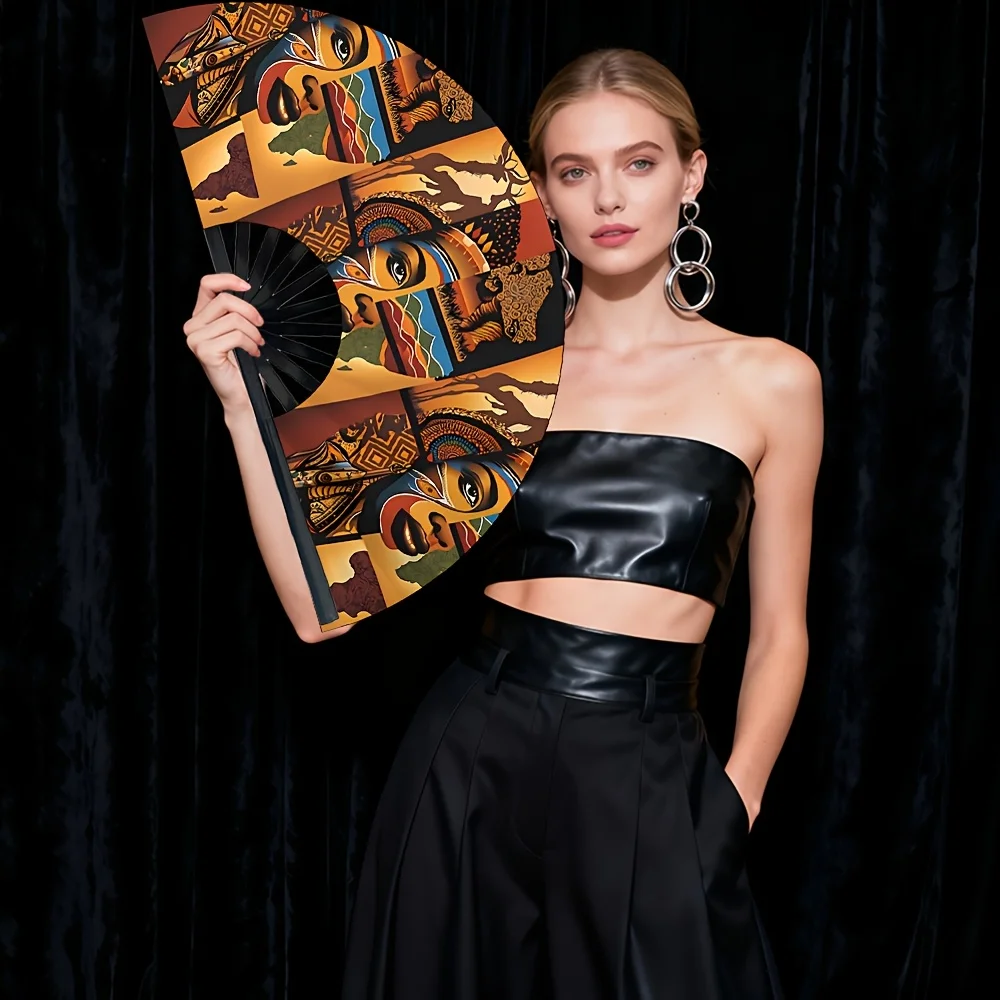 African Tribal Women'S Art Folding Fan.Suitable for Outdoor Parties, Festivals, Beaches, Cultural And Fashionable Additions