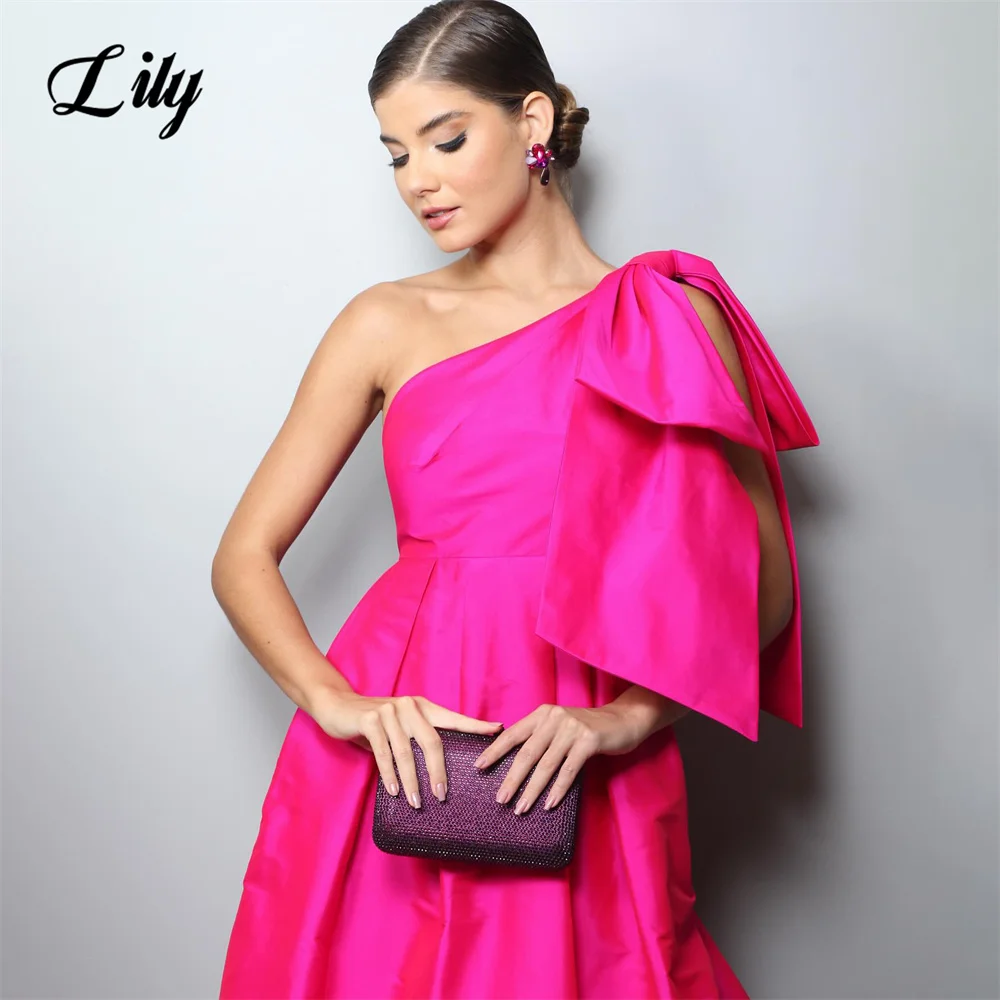 Lily Fuchsia A Line Prom Dress One Shoulder Party Dresses Stain Celebrity Gowns with Bow Wedding Party Dress вечерние платья