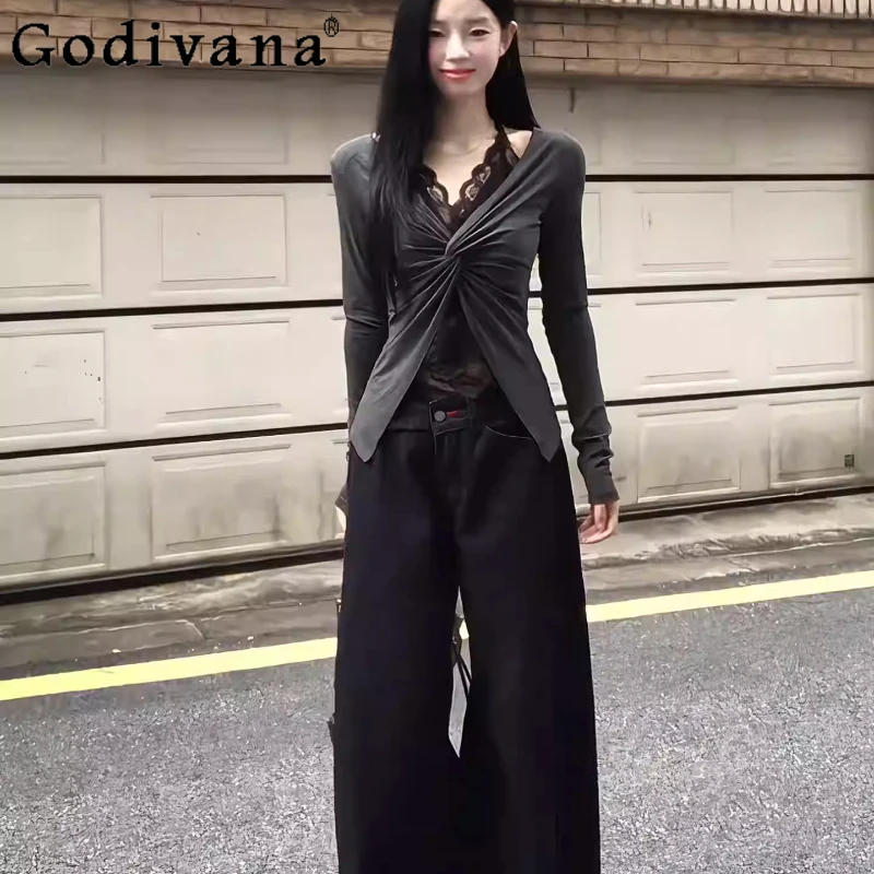 

Large Size Unique Chic V-Neck Two-piece Elegant Lace Splicing T-shirt Women's Early Autumn Sexy Top Slim Long-sleeved Shirt